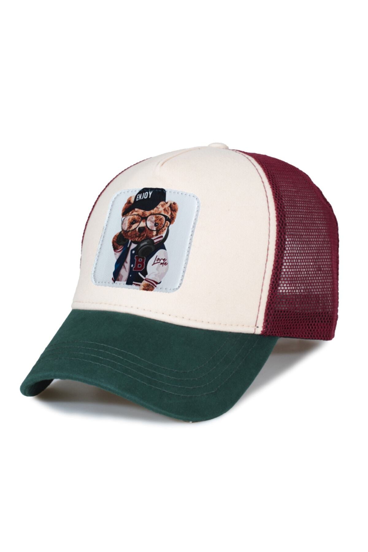 Bear 3 Siyah Model Fileli Şapka - Yeşil Taş Bordo