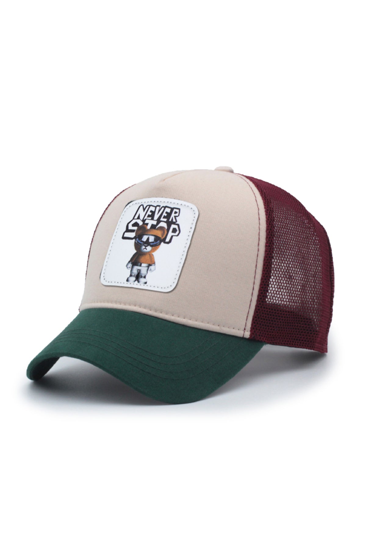 Never Stop Bear Model Fileli Şapka Yeşil Sarı Krem